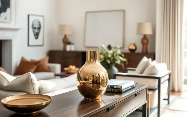 A close-up of luxury brass home decor accents styled on a wooden console table in a sophisticated living room.