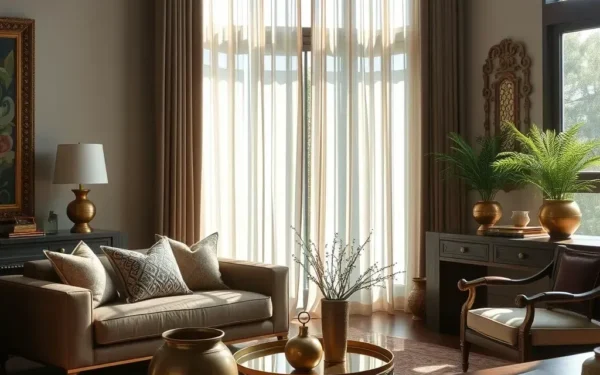 A beautifully curated luxury living room space featuring handcrafted brass and wooden home decor elements.