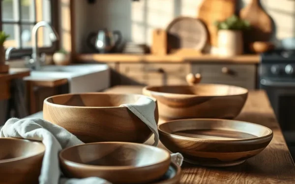 Close-up of artisan wooden serveware being maintained and oiled on a rustic kitchen table.