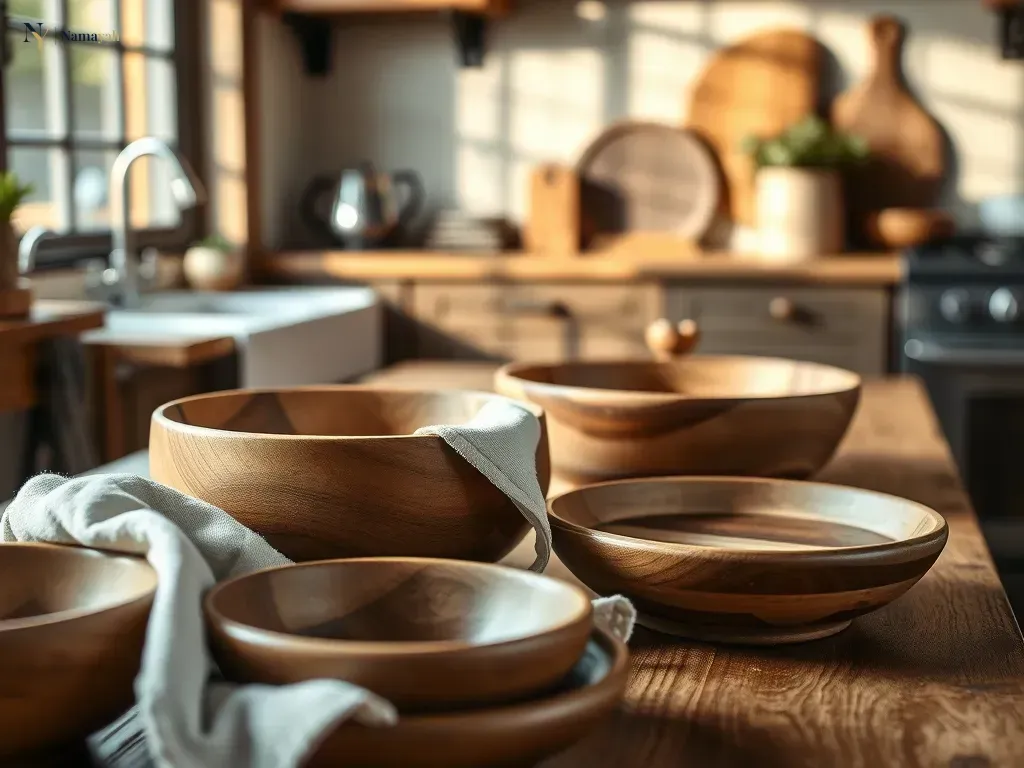 Close-up of artisan wooden serveware being maintained and oiled on a rustic kitchen table.