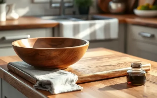 A close-up of a handcrafted wooden serving bowl on a kitchen counter, focusing on proper care and maintenance of artisan wooden serveware.
