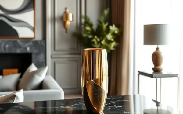 A sophisticated living room interior featuring a polished brass vase on a dark marble console table, showcasing luxury brass decor styling.