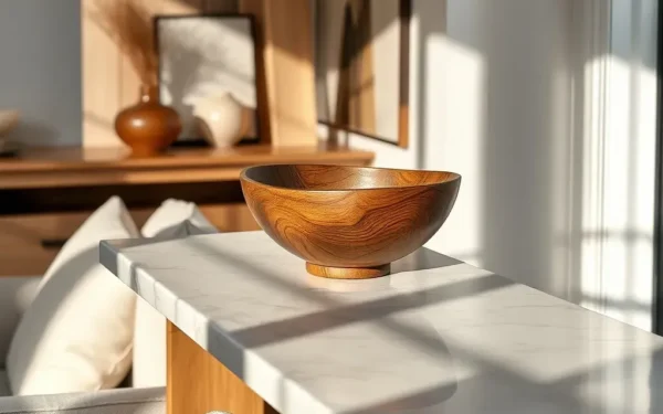 A beautifully styled artisan wooden bowl on a marble console table in a sophisticated, sunlit modern home.