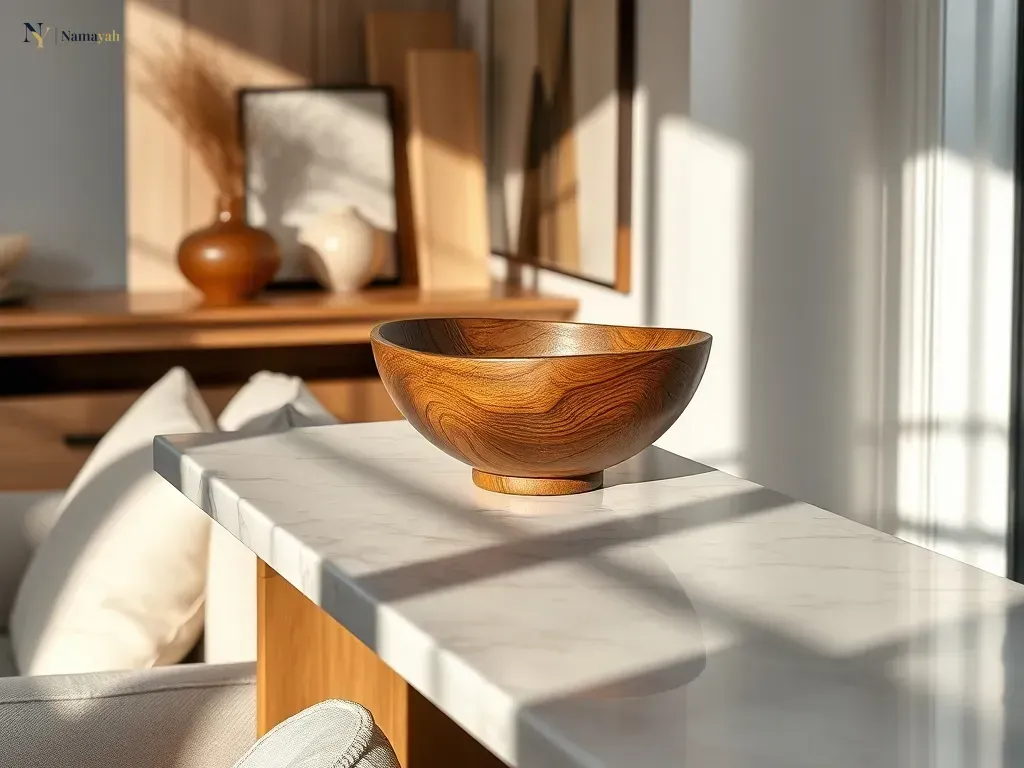A beautifully styled artisan wooden bowl on a marble console table in a sophisticated, sunlit modern home.