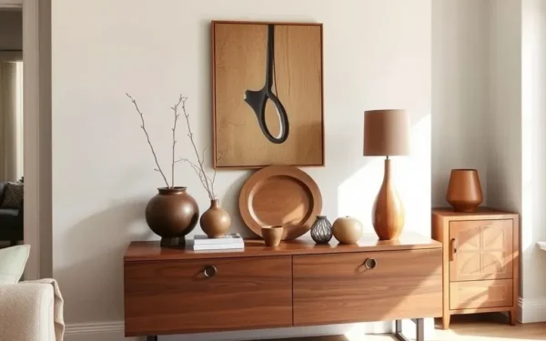 Elegant living room interior featuring styled artisan wooden decor on a minimalist wooden console table.