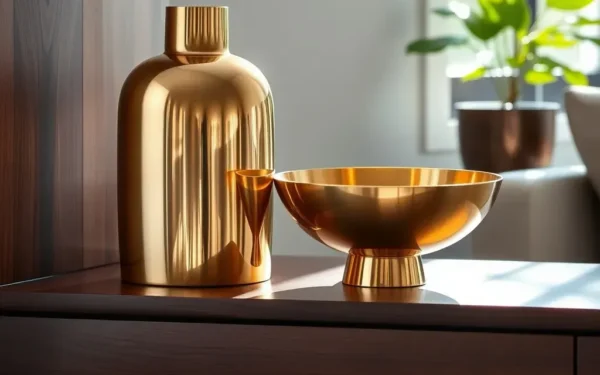 Elegant arrangement of polished brass home accessories on a wooden shelf in a modern, sunlit living room.