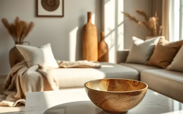 Styling artisanal wooden decor in a sophisticated, minimalist living room with natural light.