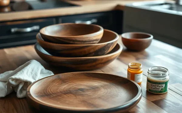 A close-up shot of artisan wooden serveware being polished with natural wax on a rustic kitchen table.