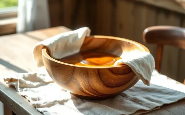 Close-up of artisan wooden serveware being polished with organic oil to maintain its natural beauty and longevity.