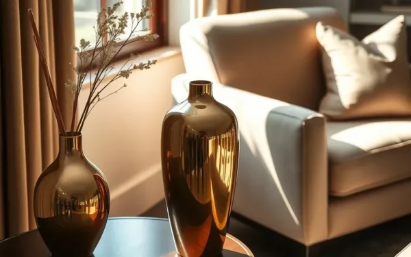 Elegant brass vase on a wooden table in a luxury living room setting.