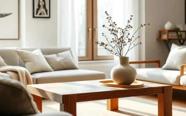 Styling wooden home decor in a modern living room with natural light and elegant accessories.
