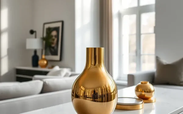 A close-up of a polished brass vase on a marble console table, demonstrating how to style brass home accents in a modern luxury interior.