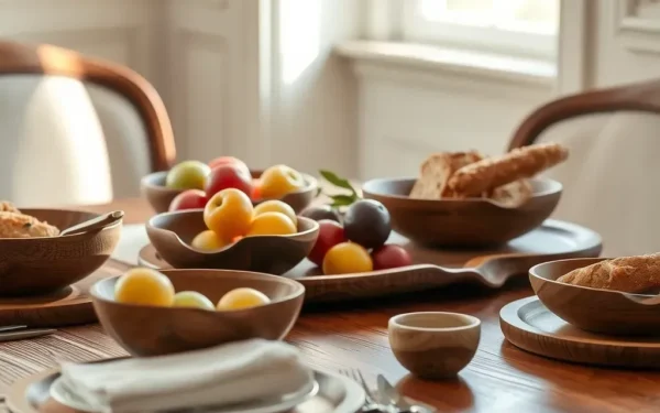 Elegant dining table styled with artisan wooden serveware, featuring handcrafted wooden bowls and platters with fresh food in natural light.