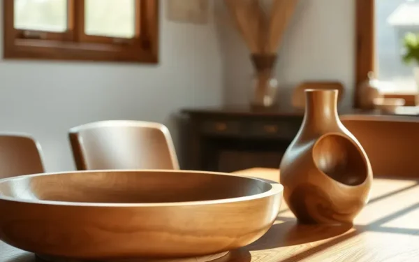 A beautifully styled wooden bowl and artisanal vase on a sunlit oak table representing expert styling of artisan wooden decor.