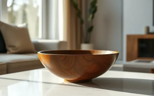 A close-up of artisanal wooden decor styled on a modern marble table in a luxury home setting.