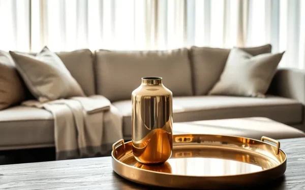 Artisan metal home accents styled on a coffee table in a modern luxury living room.