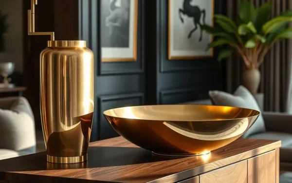 A close-up of high-quality handcrafted brass decor displayed elegantly on a wooden console table in a luxury home interior.