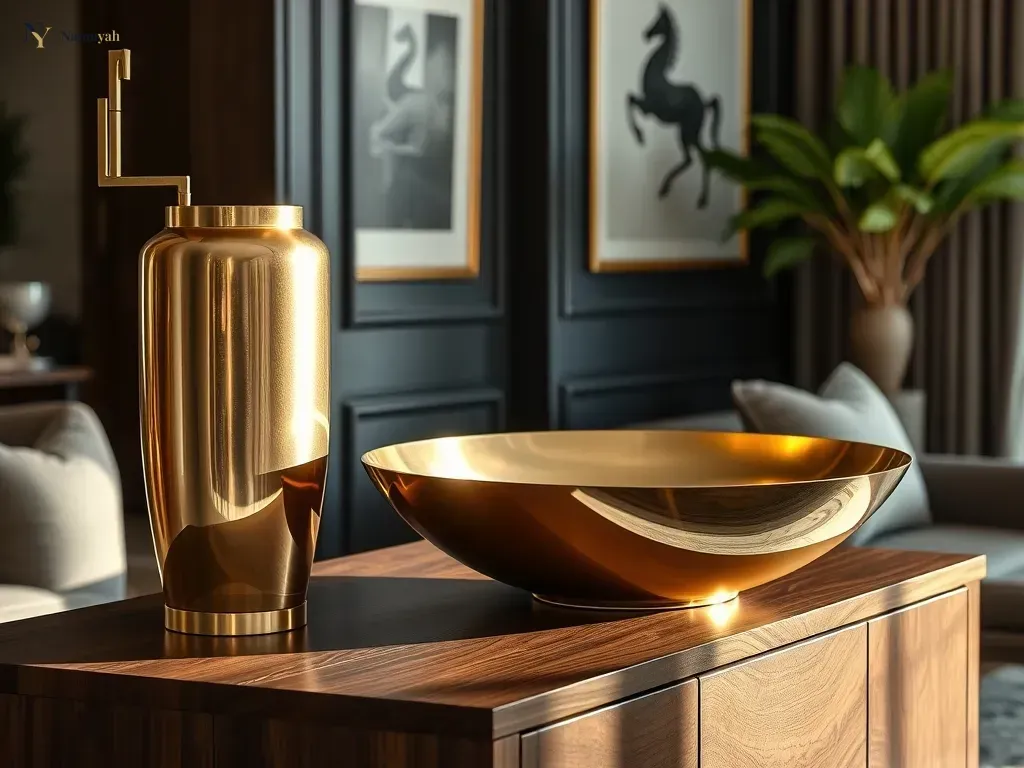 A close-up of high-quality handcrafted brass decor displayed elegantly on a wooden console table in a luxury home interior.