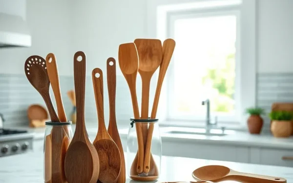 A selection of handcrafted wooden kitchen utensils displayed on a marble countertop, highlighting the benefits of using wooden kitchenware in a modern home.
