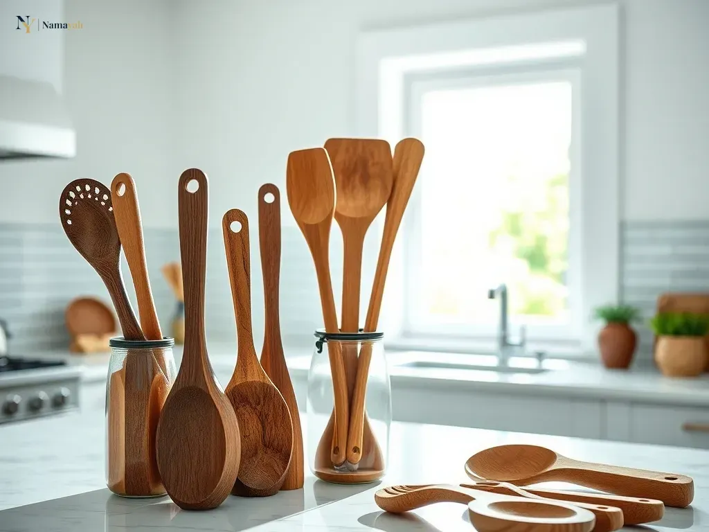 A selection of handcrafted wooden kitchen utensils displayed on a marble countertop, highlighting the benefits of using wooden kitchenware in a modern home.