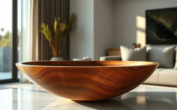 A sophisticated living room featuring high-end handcrafted wooden decor on a sleek coffee table.
