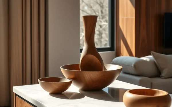 Styling handmade wooden decor on a marble console table in a sophisticated modern living room.