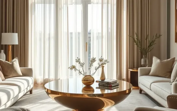 Luxury brass coffee table in a modern sophisticated living room.