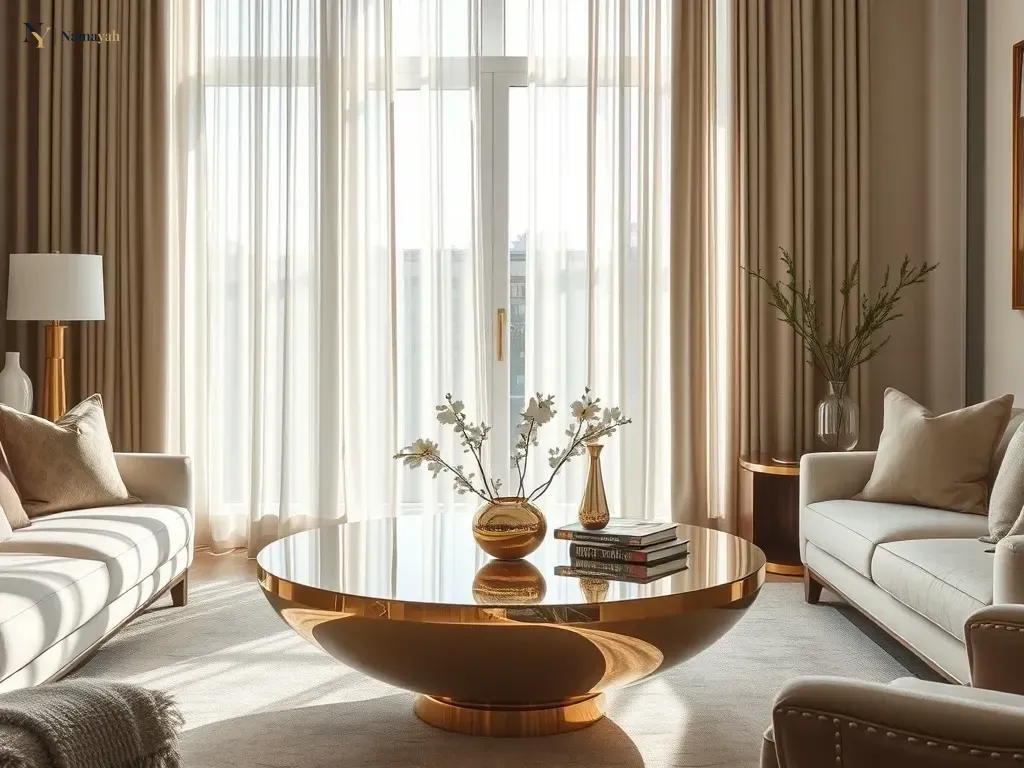 Luxury brass coffee table in a modern sophisticated living room.