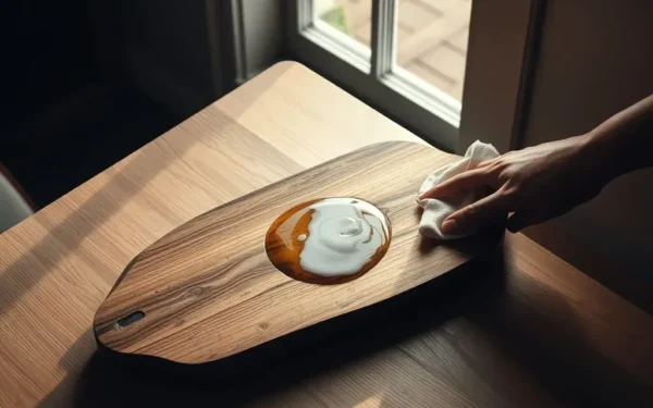 Close-up of hands applying oil to a handcrafted wooden serving platter to maintain its finish.