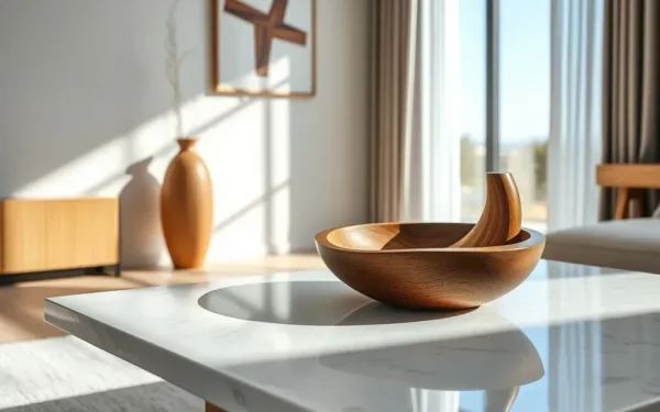 Styling handcrafted wooden decor on a marble table in a modern living room interior.
