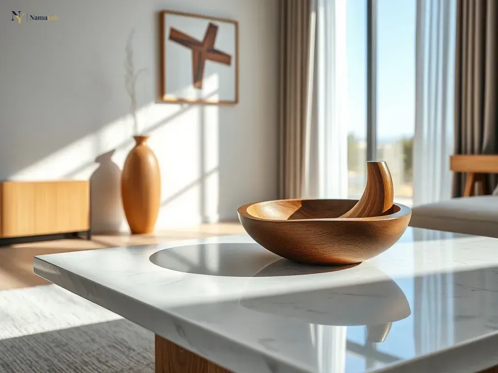 Styling handcrafted wooden decor on a marble table in a modern living room interior.