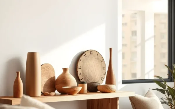 A sophisticated living room shelf styled with handcrafted artisan wooden decor pieces in a bright, modern home.