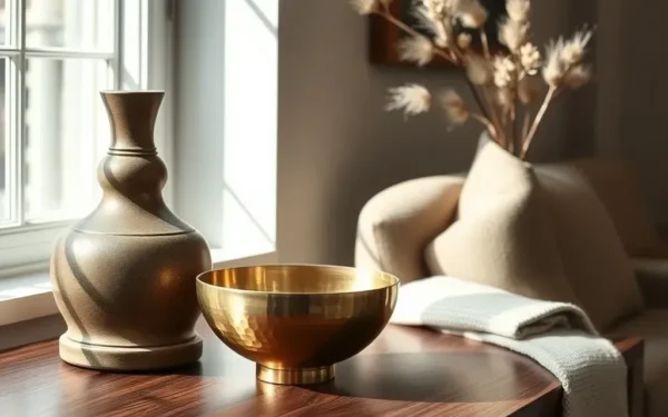 A curated display of artisanal brass and wooden home decor accents styled on a modern console table in a luxury interior.