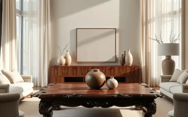 Styling luxury wooden home decor in a bright, modern, and elegant living room.