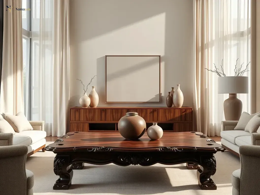 Styling luxury wooden home decor in a bright, modern, and elegant living room.