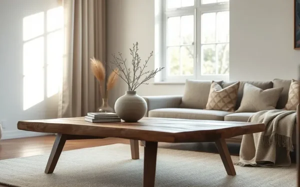 A beautifully styled wooden coffee table in a sunlit, minimalist living room, showcasing timeless home decor elegance.