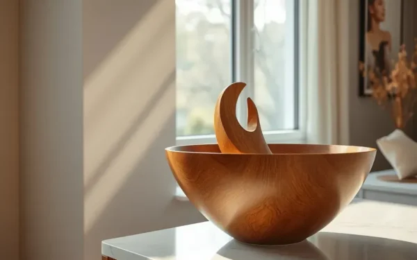 Styling wooden home decor on a modern console table in a sunlit room.