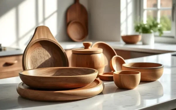 Exquisite artisan wooden serveware displayed on a luxury kitchen marble countertop with natural lighting.