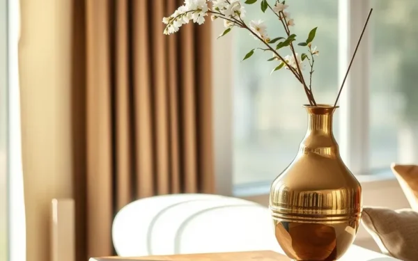 A stylish brass vase on a wooden table, showcasing elegant home decor styling in a bright, modern living room.