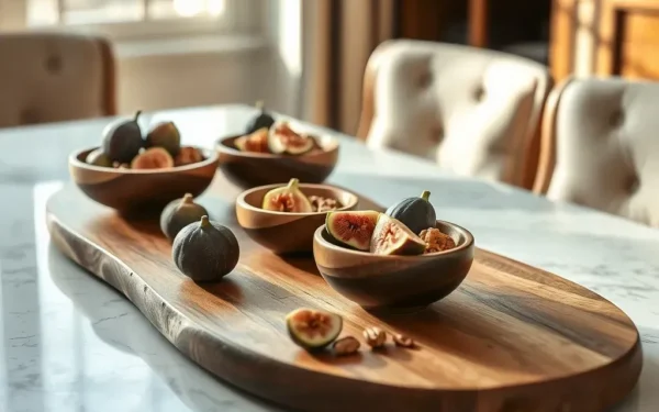 Elegant styling of luxury wooden serveware on a marble dining table for sophisticated home hosting.
