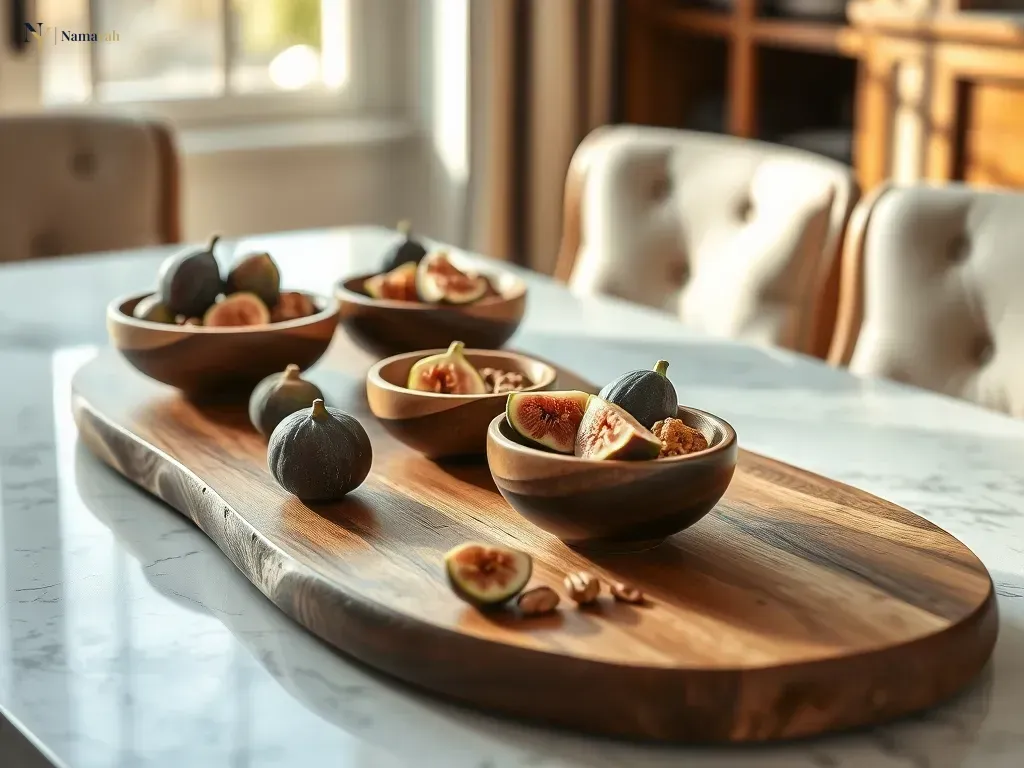 Elegant styling of luxury wooden serveware on a marble dining table for sophisticated home hosting.