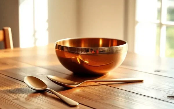 Handcrafted brass utensils and copper kitchenware on a wooden table, representing sustainable home accessories.