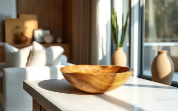 Styling artisan wooden decor on a marble console table in a sophisticated modern home interior.