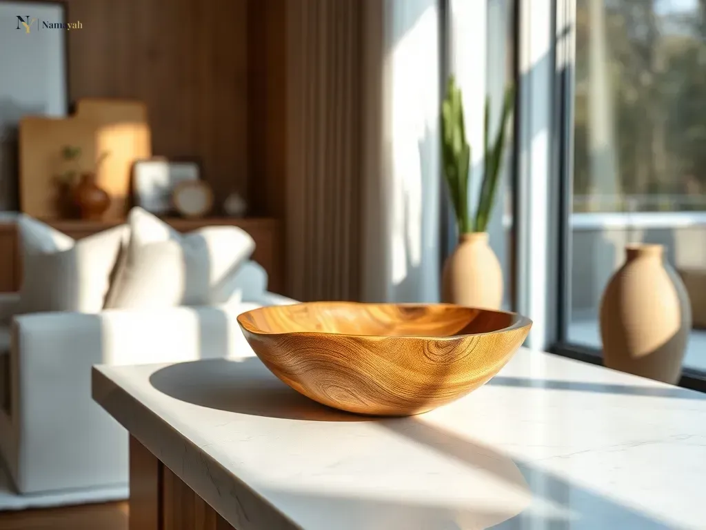 Styling artisan wooden decor on a marble console table in a sophisticated modern home interior.