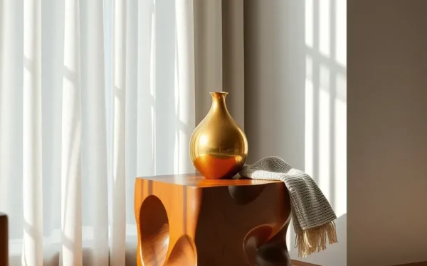 A beautifully styled artisan home decor setup featuring a handcrafted wooden table and brass vase in a sunlit room.
