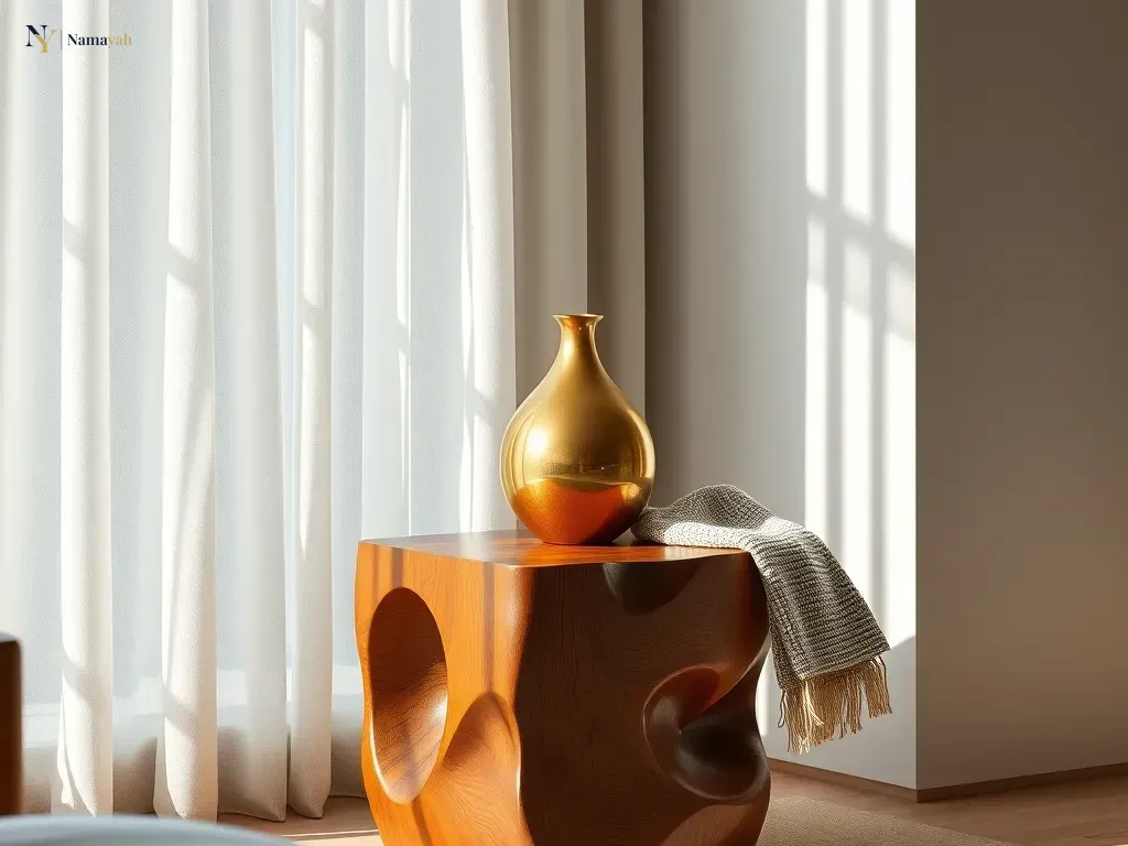 A beautifully styled artisan home decor setup featuring a handcrafted wooden table and brass vase in a sunlit room.