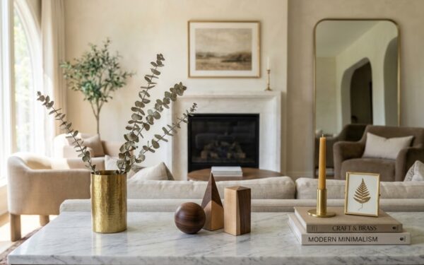 A sunlit, minimalist room featuring handcrafted brass and wooden home decor on a marble console table.