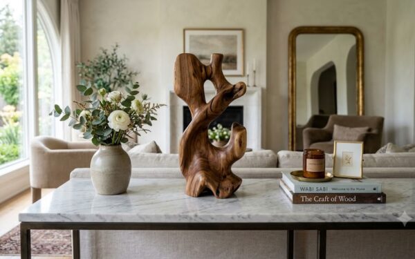 A handcrafted wooden accent piece displayed on a marble console in a luxury home.