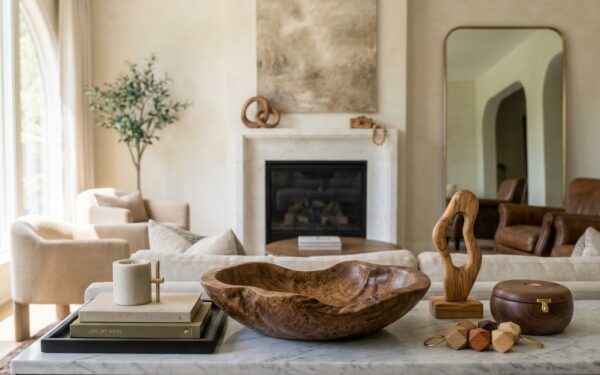 Styling wooden home accessories on a marble console table for a modern luxury interior design look.