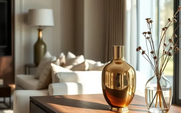 A sophisticated living room interior showcasing luxury brass home decor on a wooden console table with natural lighting.